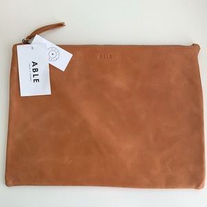 ABLE Martha Large Zip Leather Pouch Clutch in Cognac NWT